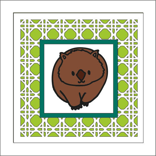 OL1948 - MDF Rattan effect square plaque with doodle animal - Wombat - Olifantjie - Wooden - MDF - Lasercut - Blank - Craft - Kit - Mixed Media - UK