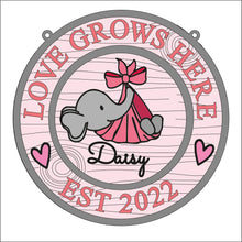 OL1761 - MDF Jungle personalised doodle Circle ‘love  grows here’ est date Plaque - Elephant - Olifantjie - Wooden - MDF - Lasercut - Blank - Craft - Kit - Mixed Media - UK