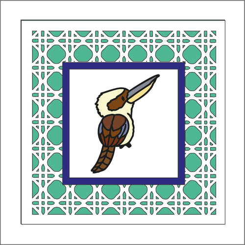 OL1946 - MDF Rattan effect square plaque with doodle animal - Kookaburra - Olifantjie - Wooden - MDF - Lasercut - Blank - Craft - Kit - Mixed Media - UK