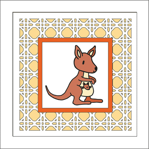 OL1947 - MDF Rattan effect square plaque with doodle animal - Kangaroo - Olifantjie - Wooden - MDF - Lasercut - Blank - Craft - Kit - Mixed Media - UK