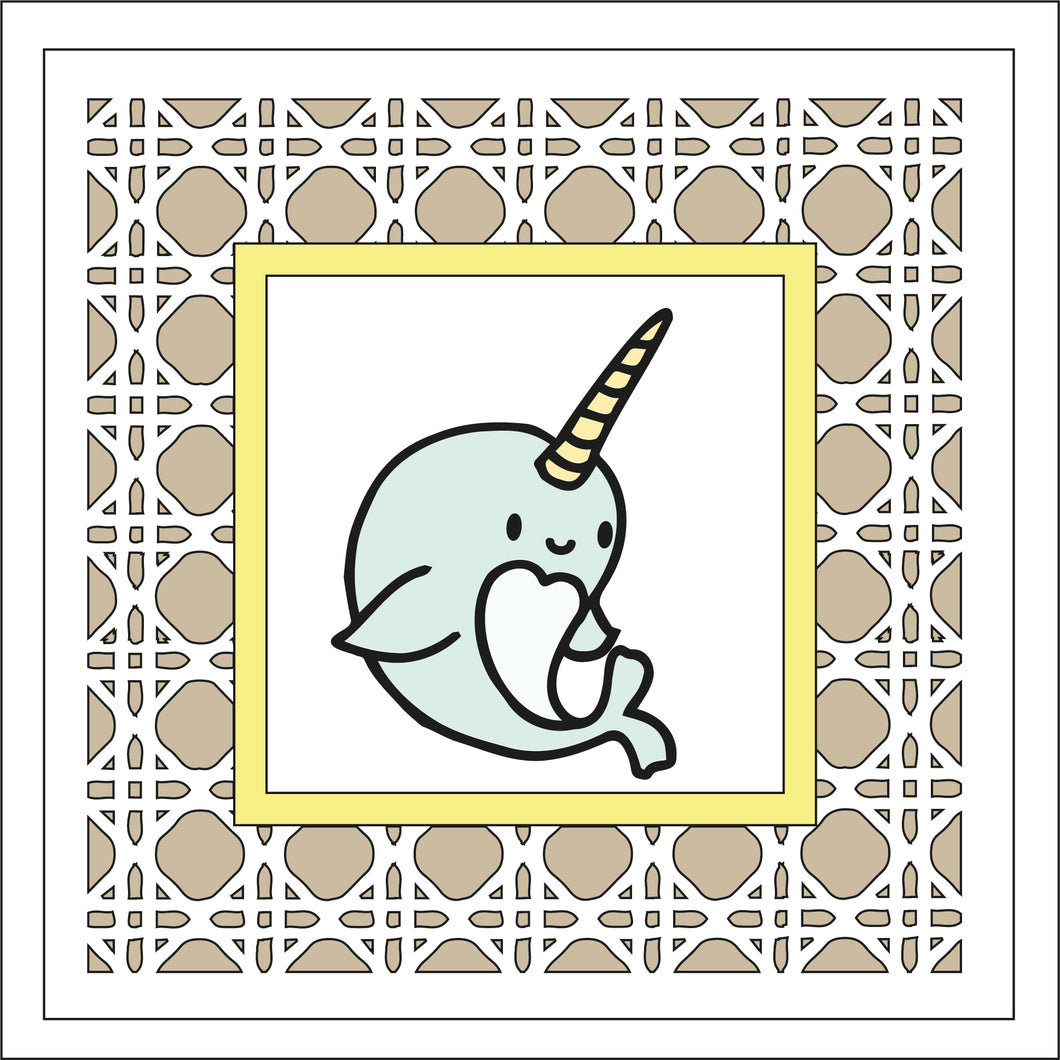 OL2464 - MDF Rattan effect square plaque doodle - Narwhal - Olifantjie - Wooden - MDF - Lasercut - Blank - Craft - Kit - Mixed Media - UK