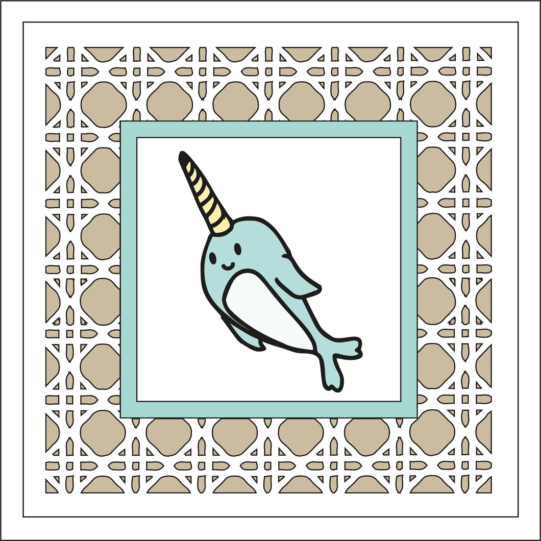 OL2465 - MDF Rattan effect square plaque doodle - Narwhal 2 - Olifantjie - Wooden - MDF - Lasercut - Blank - Craft - Kit - Mixed Media - UK