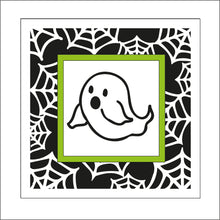 OL1917 - MDF Halloween Spider Web effect square plaque with doodle - Ghost 2 - Olifantjie - Wooden - MDF - Lasercut - Blank - Craft - Kit - Mixed Media - UK