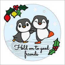 OL2448 - MDF Christmas Doodle Penguin Circle  Plaque - Your wording- Dancing Penguins - Olifantjie - Wooden - MDF - Lasercut - Blank - Craft - Kit - Mixed Media - UK