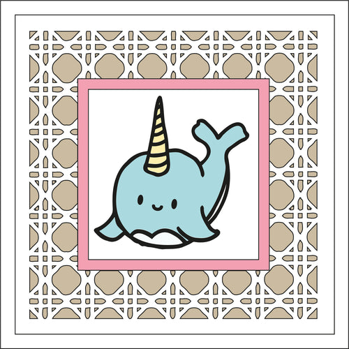 OL2466 - MDF Rattan effect square plaque doodle - Narwhal 3 - Olifantjie - Wooden - MDF - Lasercut - Blank - Craft - Kit - Mixed Media - UK