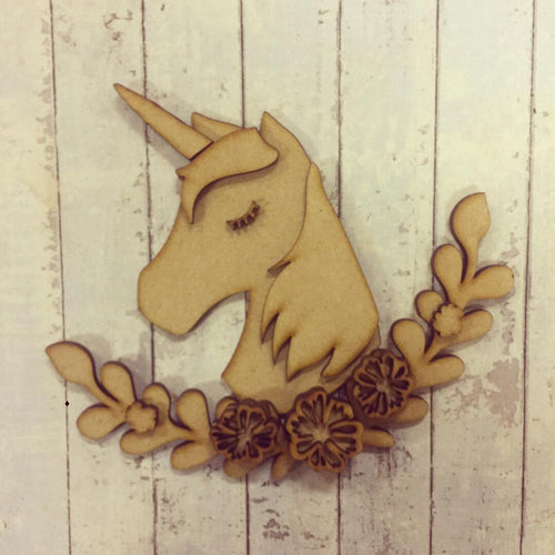 SJ011 - MDF Unicorn Head Illustrated - Olifantjie - Wooden - MDF - Lasercut - Blank - Craft - Kit - Mixed Media - UK