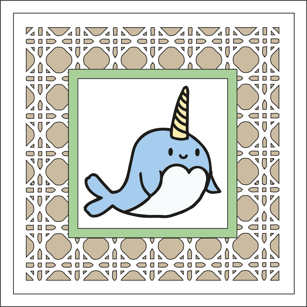 OL2467 - MDF Rattan effect square plaque doodle - Narwhal 4 - Olifantjie - Wooden - MDF - Lasercut - Blank - Craft - Kit - Mixed Media - UK