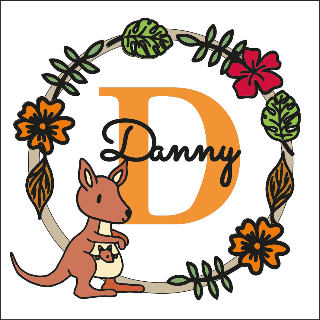 W067 - MDF Animal doodle Personalised Wreath - Kangaroo - Olifantjie - Wooden - MDF - Lasercut - Blank - Craft - Kit - Mixed Media - UK