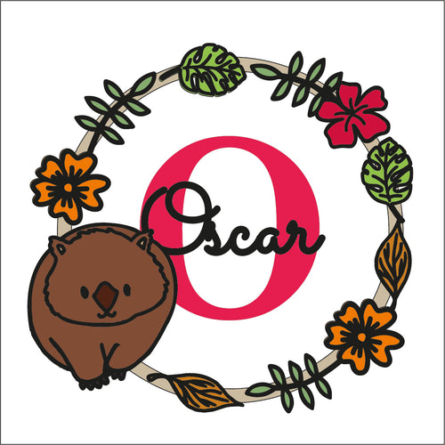 W068 - MDF Animal doodle Personalised Wreath - Wombat - Olifantjie - Wooden - MDF - Lasercut - Blank - Craft - Kit - Mixed Media - UK