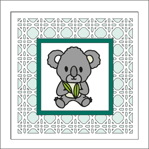 OL1945 - MDF Rattan effect square plaque with doodle animal - Koala - Olifantjie - Wooden - MDF - Lasercut - Blank - Craft - Kit - Mixed Media - UK