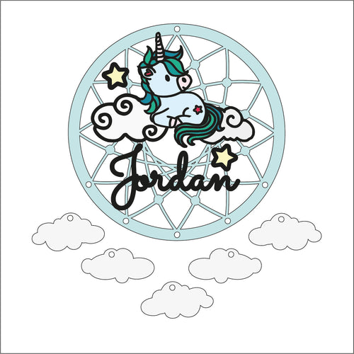 DC095 - MDF Doodle Unicorn Dream Catcher Style 1 - with Initial or Wording - Olifantjie - Wooden - MDF - Lasercut - Blank - Craft - Kit - Mixed Media - UK