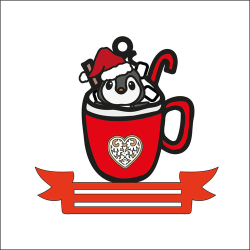 OL2640 - MDF Note Holder - Penguin Hot Chocolate 1 - with additional banner - Olifantjie - Wooden - MDF - Lasercut - Blank - Craft - Kit - Mixed Media - UK