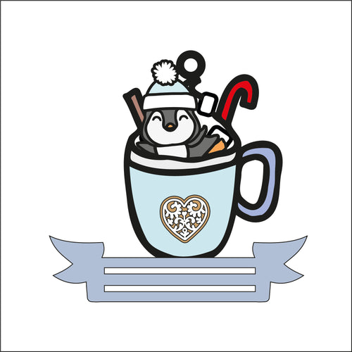 OL2641 - MDF Note Holder - Penguin Hot Chocolate 2 - with additional banner - Olifantjie - Wooden - MDF - Lasercut - Blank - Craft - Kit - Mixed Media - UK