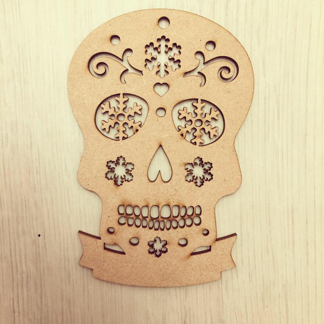 CH083 - MDF Sugar Skull Snowflake Christmas Bauble with Banner - Olifantjie - Wooden - MDF - Lasercut - Blank - Craft - Kit - Mixed Media - UK