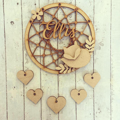 DC043 - MDF Fox Dream Catcher - with Initial, Initials, Name or Wording - Olifantjie - Wooden - MDF - Lasercut - Blank - Craft - Kit - Mixed Media - UK