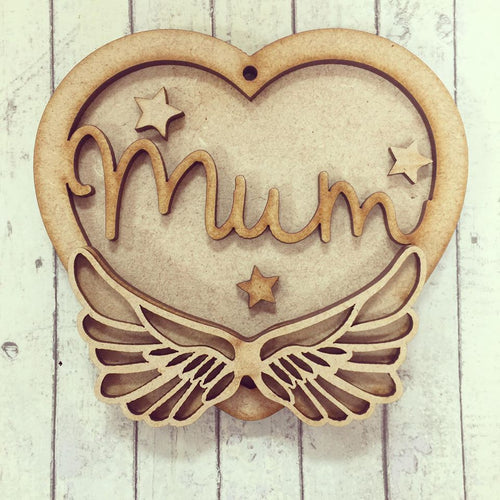 HB005 - MDF Hanging Heart - Angel Wing Themed with Choice of Wording - 2 Fonts - Olifantjie - Wooden - MDF - Lasercut - Blank - Craft - Kit - Mixed Media - UK