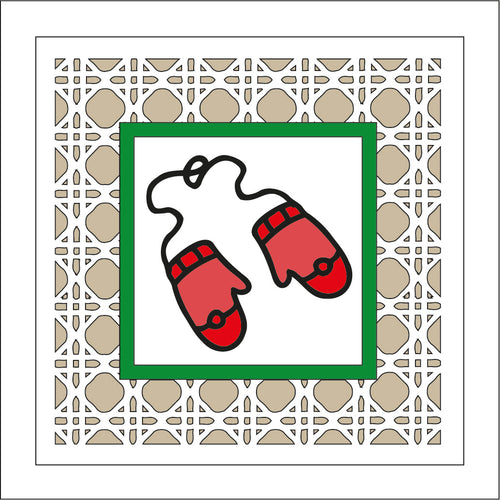 OL2027 - MDF Rattan effect square plaque Christmas doodle - Mittens - Olifantjie - Wooden - MDF - Lasercut - Blank - Craft - Kit - Mixed Media - UK