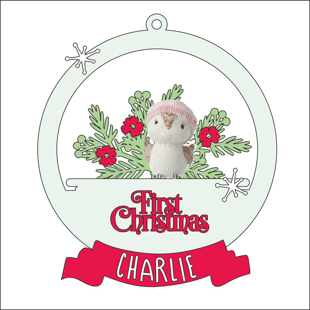 OL2574 - MDF 3d Personalised Christmas bauble with Ceramic Owl - Pink Bobble Hat - Christmas Foilage - Olifantjie - Wooden - MDF - Lasercut - Blank - Craft - Kit - Mixed Media - UK
