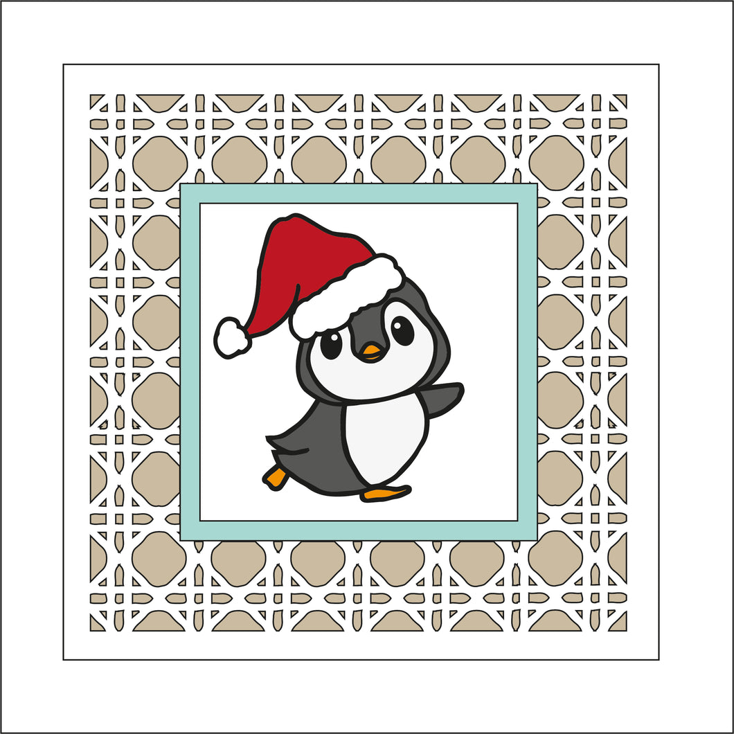 OL2442 - MDF Rattan effect square plaque Christmas doodle - Penguin 2 - Olifantjie - Wooden - MDF - Lasercut - Blank - Craft - Kit - Mixed Media - UK