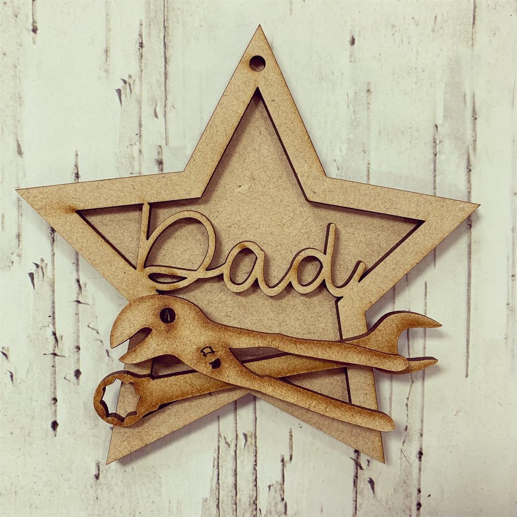 ST009 - MDF Hanging Star - Tools Themed with Choice of Wording - 2 Fonts - Olifantjie - Wooden - MDF - Lasercut - Blank - Craft - Kit - Mixed Media - UK