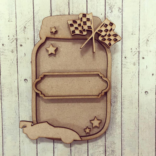 MJ009 - MDF Mason Jar with Racing Car Embellishments - Olifantjie - Wooden - MDF - Lasercut - Blank - Craft - Kit - Mixed Media - UK