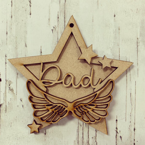 ST006 - MDF Hanging Star - Angel Wings Themed with Choice of Wording - 2 Fonts - Olifantjie - Wooden - MDF - Lasercut - Blank - Craft - Kit - Mixed Media - UK