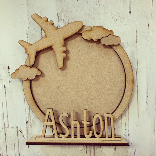 CF025 - MDF Plane Travel Themed Personalised Freestanding Circular Photo Frame - Olifantjie - Wooden - MDF - Lasercut - Blank - Craft - Kit - Mixed Media - UK