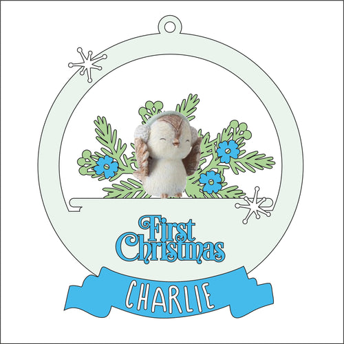 OL2575 - MDF 3d Personalised Christmas bauble with Ceramic Owl - Blue Ear Muffs - Christmas Foilage - Olifantjie - Wooden - MDF - Lasercut - Blank - Craft - Kit - Mixed Media - UK