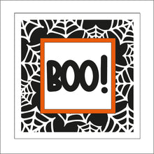 OL1920 - MDF Halloween Spider Web effect square plaque with doodle - Boo! - Olifantjie - Wooden - MDF - Lasercut - Blank - Craft - Kit - Mixed Media - UK