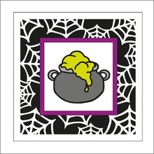 OL1903 - MDF Halloween Spider Web effect square plaque with doodle - Cauldron - Olifantjie - Wooden - MDF - Lasercut - Blank - Craft - Kit - Mixed Media - UK