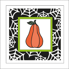 OL1905 - MDF Halloween Spider Web effect square plaque with doodle - Pumpkin 2 - Olifantjie - Wooden - MDF - Lasercut - Blank - Craft - Kit - Mixed Media - UK