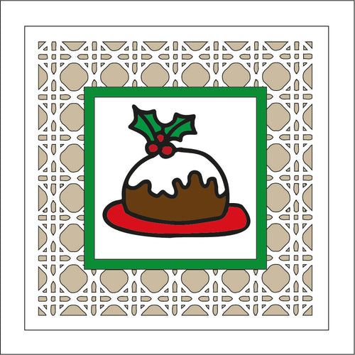 OL2025 - MDF Rattan effect square plaque Christmas doodle - Christmas Pudding - Olifantjie - Wooden - MDF - Lasercut - Blank - Craft - Kit - Mixed Media - UK
