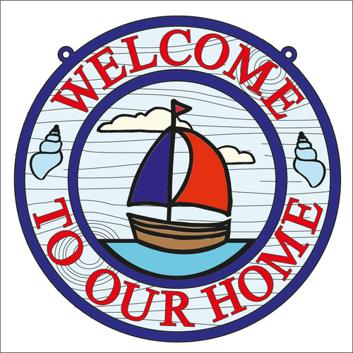 OL1805 - MDF Seaside Doodles -  Round Sailboat Scene Layered Plaque ‘Welcome to our home’ - Olifantjie - Wooden - MDF - Lasercut - Blank - Craft - Kit - Mixed Media - UK