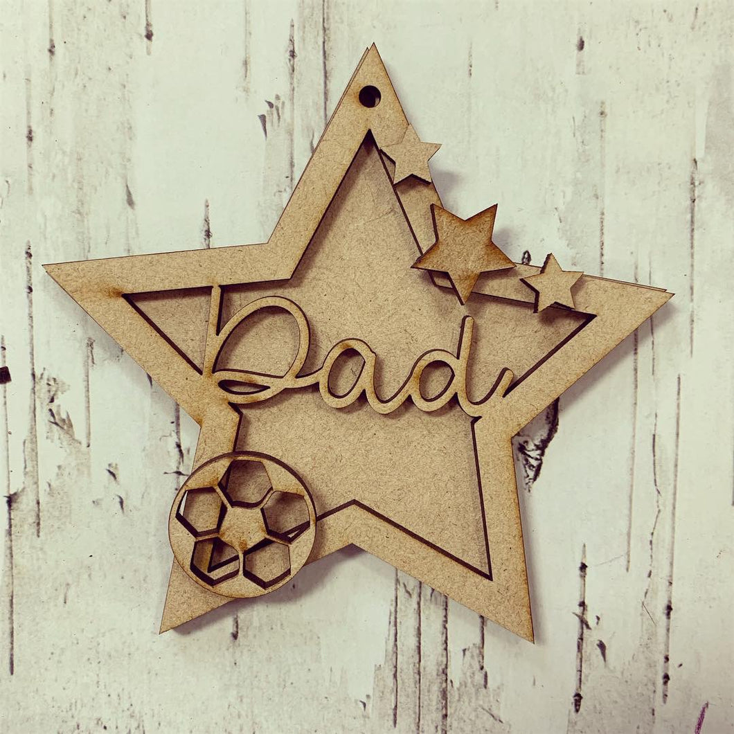 ST005 - MDF Hanging Star - Football Themed with Choice of Wording - 2 Fonts - Olifantjie - Wooden - MDF - Lasercut - Blank - Craft - Kit - Mixed Media - UK