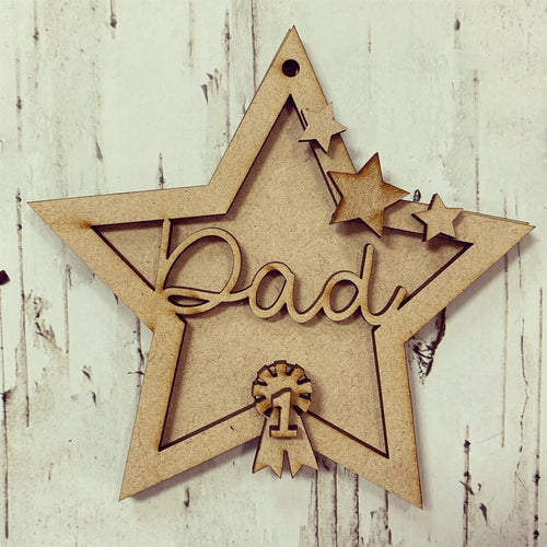 ST008 - MDF Hanging Star - Star and Rosette Themed with Choice of Wording - 2 Fonts - Olifantjie - Wooden - MDF - Lasercut - Blank - Craft - Kit - Mixed Media - UK