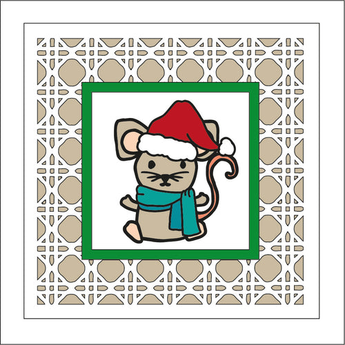 OL2024 - MDF Rattan effect square plaque Christmas doodle - Mouse - Olifantjie - Wooden - MDF - Lasercut - Blank - Craft - Kit - Mixed Media - UK