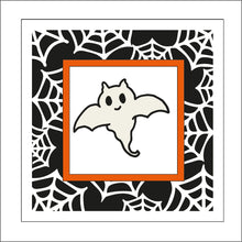 OL1907 - MDF Halloween Spider Web effect square plaque with doodle - Cat Ghost - Olifantjie - Wooden - MDF - Lasercut - Blank - Craft - Kit - Mixed Media - UK