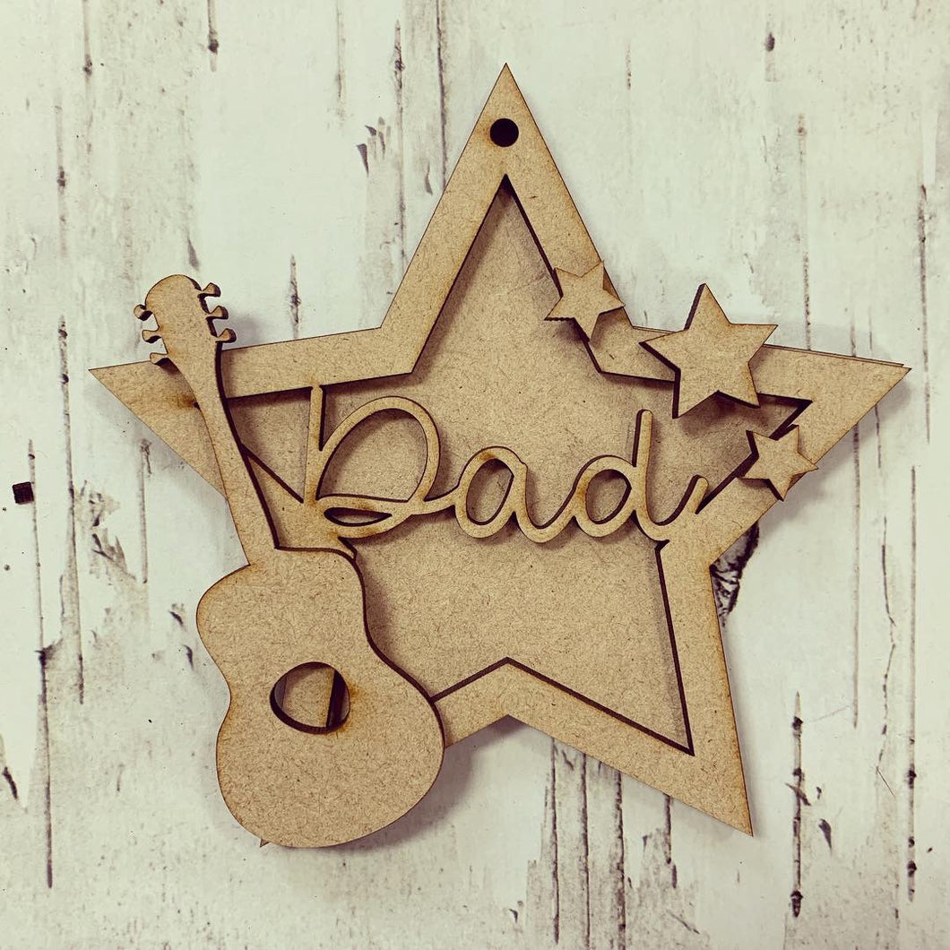 ST003 - MDF Hanging Star - Acoustic Guitar Themed with Choice of Wording - 2 Fonts - Olifantjie - Wooden - MDF - Lasercut - Blank - Craft - Kit - Mixed Media - UK