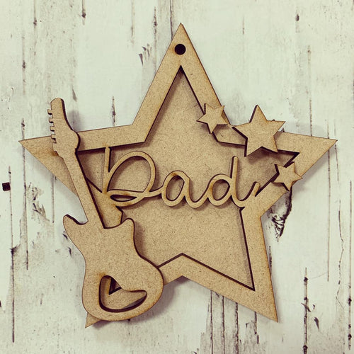 ST007 - MDF Hanging Star - Electric Guitar Themed with Choice of Wording - 2 Fonts - Olifantjie - Wooden - MDF - Lasercut - Blank - Craft - Kit - Mixed Media - UK