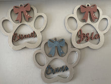 CH170 - MDF Personalised Dog Paw Print with Bow Bauble/Hanging - Olifantjie - Wooden - MDF - Lasercut - Blank - Craft - Kit - Mixed Media - UK