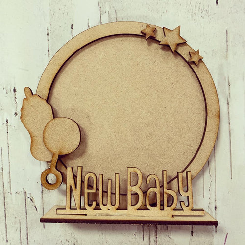 CF022 - MDF New Baby Themed Personalised Freestanding Circular Photo Frame - Olifantjie - Wooden - MDF - Lasercut - Blank - Craft - Kit - Mixed Media - UK