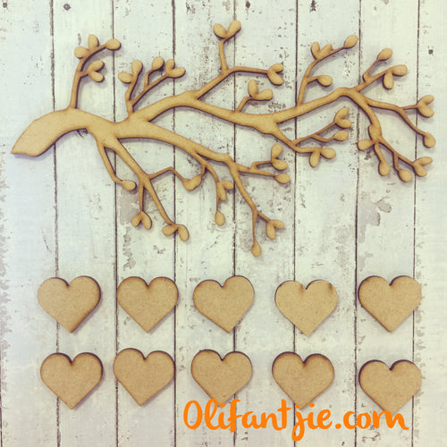 OL068 - MDF Tree Branch with Hearts - Olifantjie - Wooden - MDF - Lasercut - Blank - Craft - Kit - Mixed Media - UK