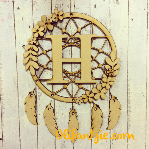 DC003 - MDF Floral Dream Catcher - with Initial, Initials, Name or Wording - Olifantjie - Wooden - MDF - Lasercut - Blank - Craft - Kit - Mixed Media - UK