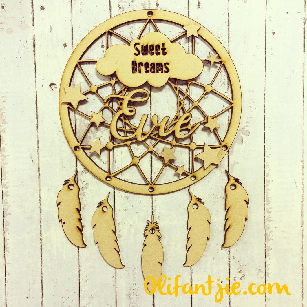 DC005 - MDF Sweet Dreams Cloud Dream Catcher - with Initial, Initials, Name or Wording - Olifantjie - Wooden - MDF - Lasercut - Blank - Craft - Kit - Mixed Media - UK