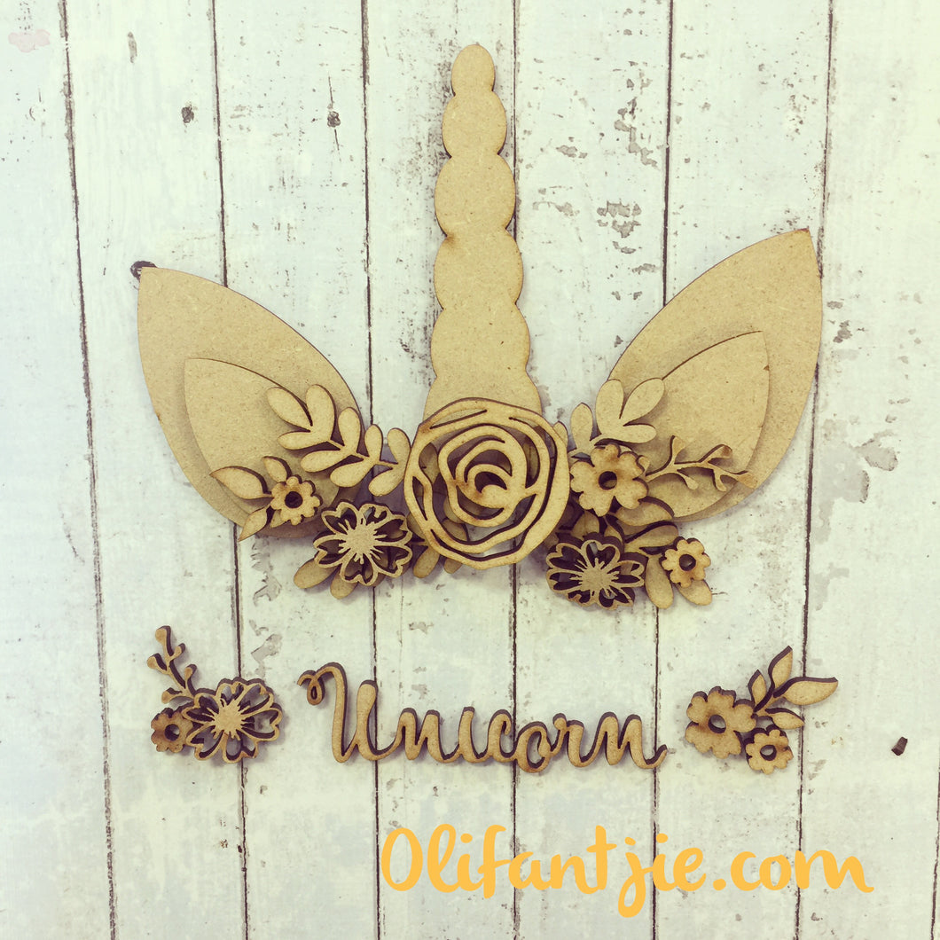 OL229 - MDF Unicorn Horn and Ears with Flowers - Olifantjie - Wooden - MDF - Lasercut - Blank - Craft - Kit - Mixed Media - UK