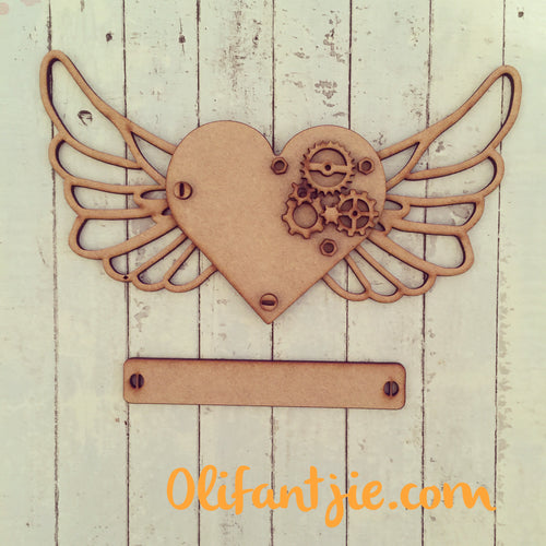 OL200 - MDF Steampunk Heart with Wings Style - Olifantjie - Wooden - MDF - Lasercut - Blank - Craft - Kit - Mixed Media - UK