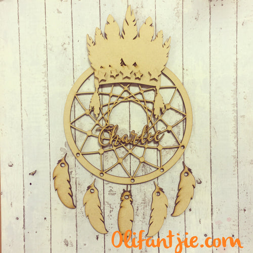 DC020 - MDF Indian Head Dress Dream Catcher - with Initial, Initials, Name or Wording - Olifantjie - Wooden - MDF - Lasercut - Blank - Craft - Kit - Mixed Media - UK