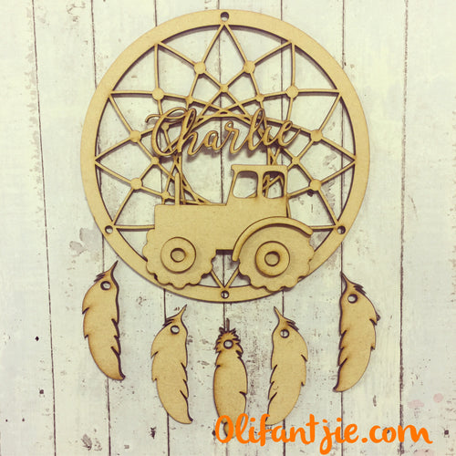 DC018 - MDF Tractor Dream Catcher - with Initial, Initials, Name or Wording - Olifantjie - Wooden - MDF - Lasercut - Blank - Craft - Kit - Mixed Media - UK