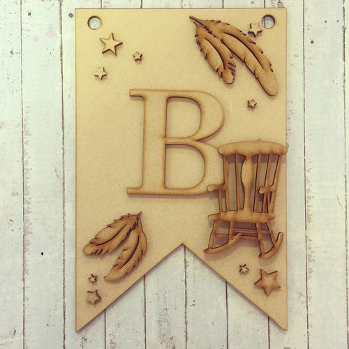 OL039 - MDF Chair, Feather and Initial 25cm Hanging Flag - Olifantjie - Wooden - MDF - Lasercut - Blank - Craft - Kit - Mixed Media - UK
