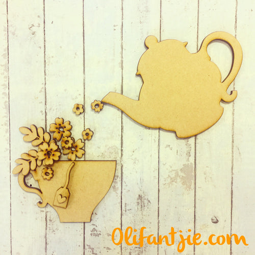 OL222 - MDF Teapot and Teacup with Flowers - Olifantjie - Wooden - MDF - Lasercut - Blank - Craft - Kit - Mixed Media - UK